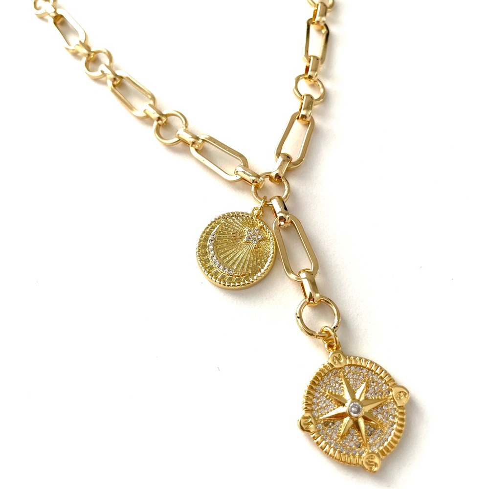 Multi Charm Necklace Chunky Mixed Paperclip Chain Moon Star Compass Moon…